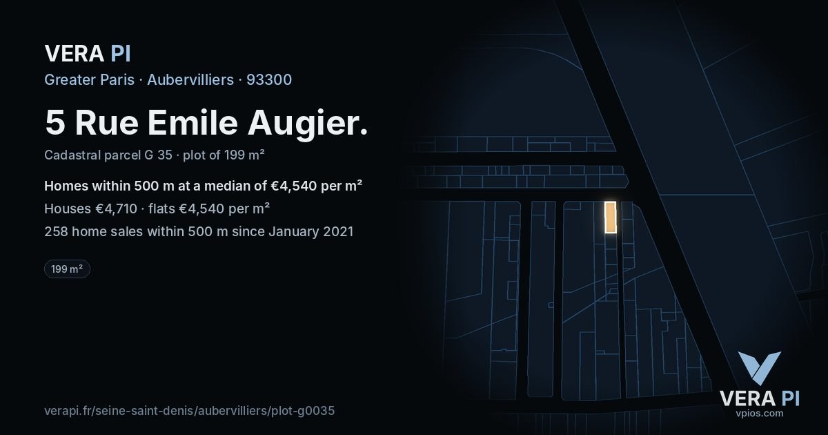 5 Rue Emile Augier, Aubervilliers at night – the plot lit, the parcels around coloured by the prices near them
