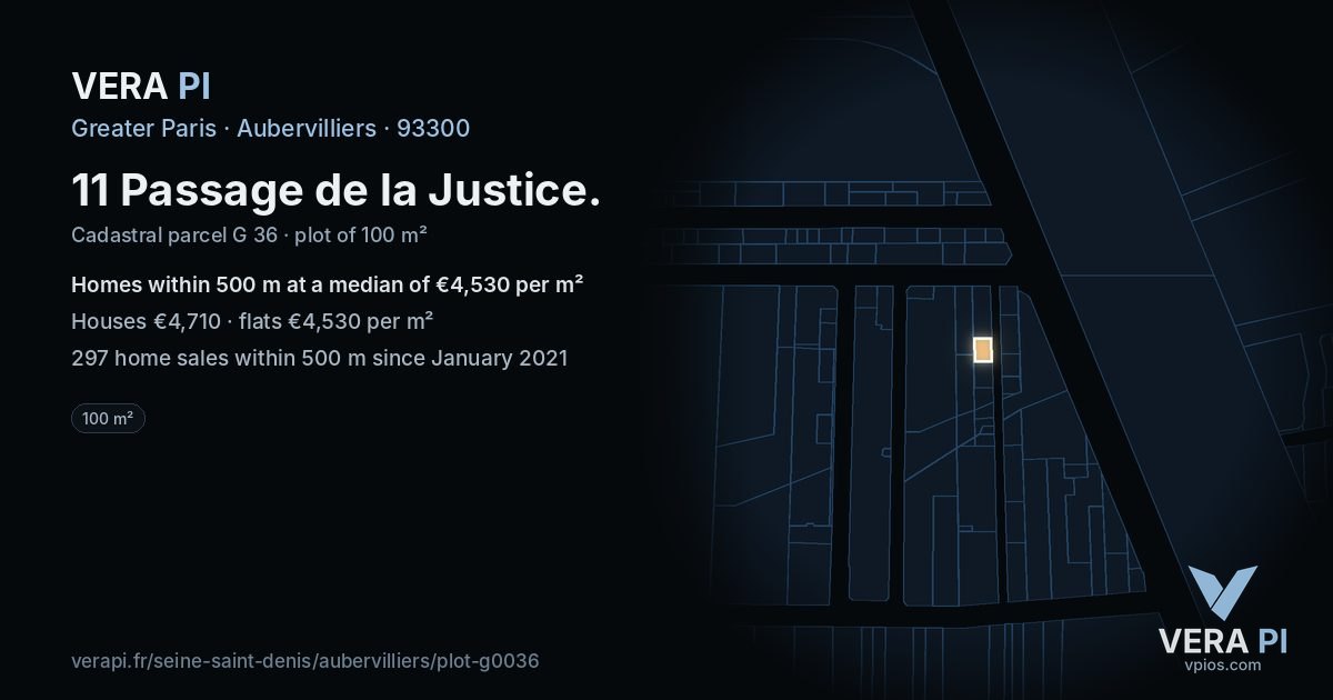 11 Passage de la Justice, Aubervilliers at night – the plot lit, the parcels around coloured by the prices near them