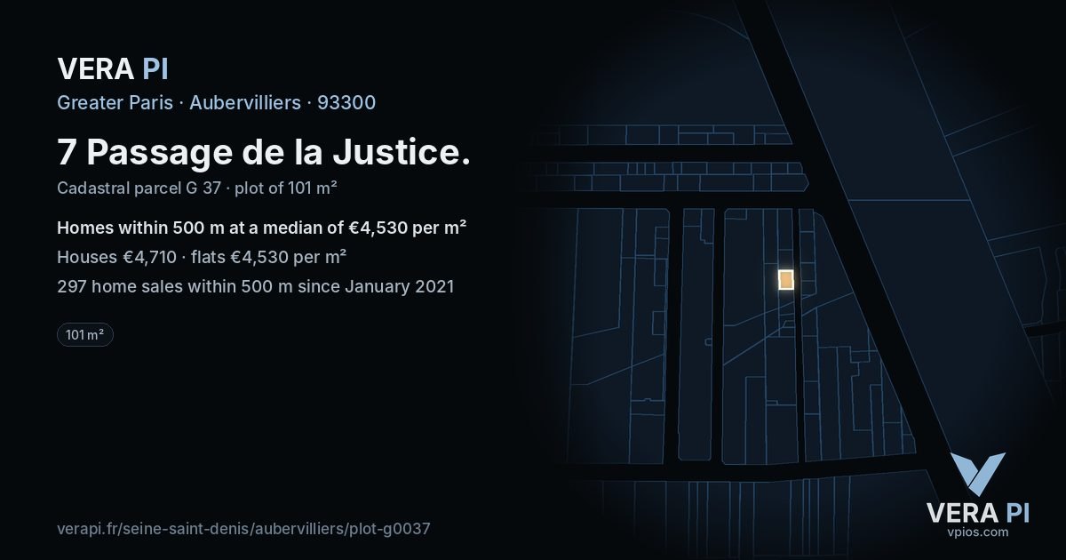 7 Passage de la Justice, Aubervilliers at night – the plot lit, the parcels around coloured by the prices near them