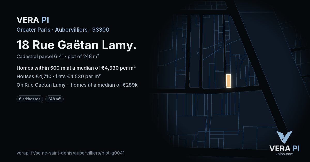 18 Rue Gaëtan Lamy, Aubervilliers at night – the plot lit, the parcels around coloured by the prices near them