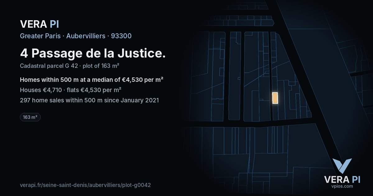 4 Passage de la Justice, Aubervilliers at night – the plot lit, the parcels around coloured by the prices near them