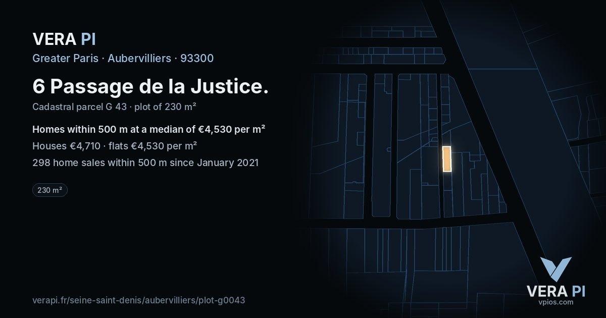 6 Passage de la Justice, Aubervilliers at night – the plot lit, the parcels around coloured by the prices near them