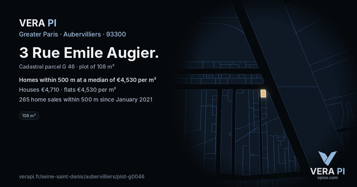 3 Rue Emile Augier, Aubervilliers at night – the plot lit, the parcels around coloured by the prices near them