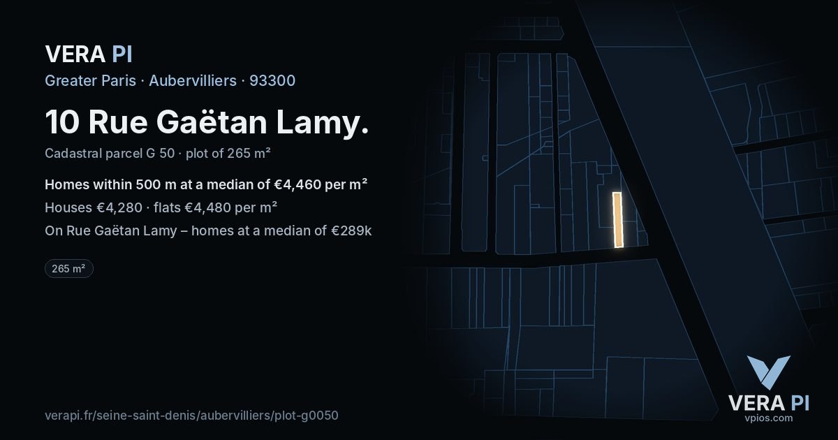 10 Rue Gaëtan Lamy, Aubervilliers at night – the plot lit, the parcels around coloured by the prices near them