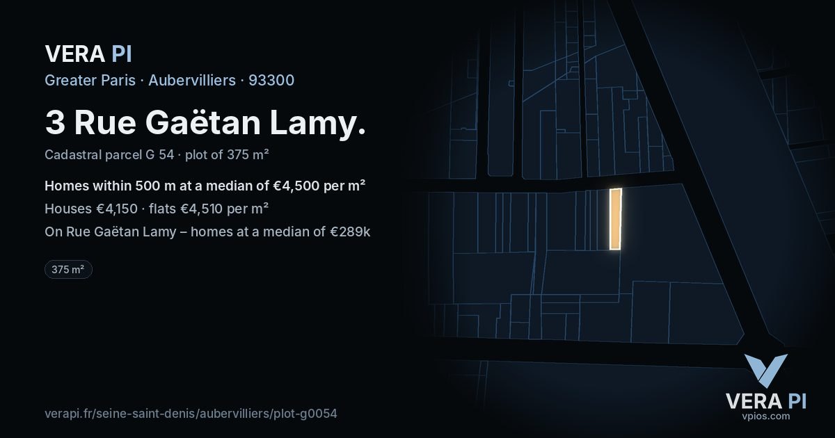 3 Rue Gaëtan Lamy, Aubervilliers at night – the plot lit, the parcels around coloured by the prices near them
