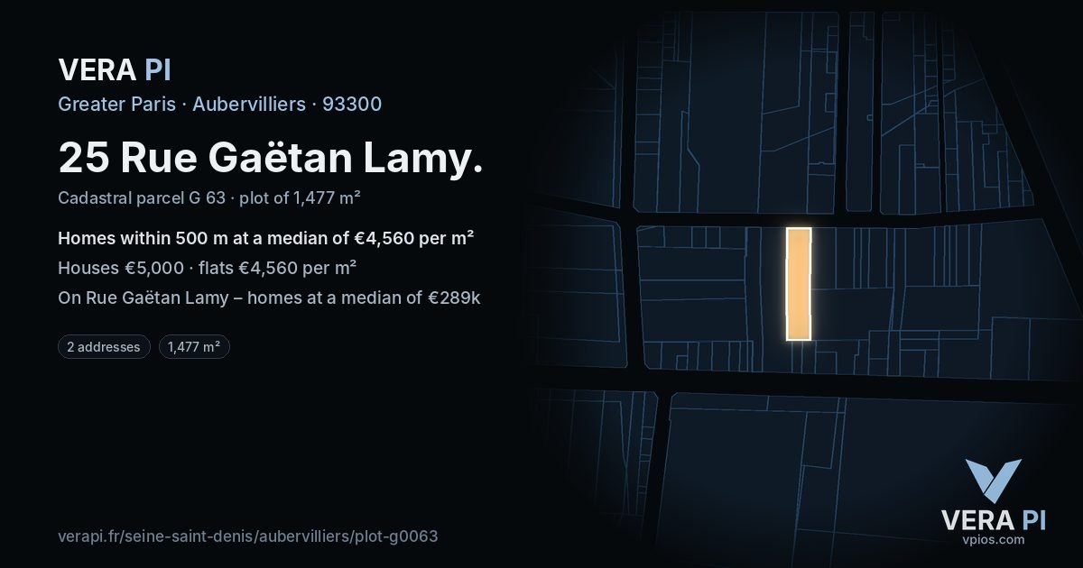 25 Rue Gaëtan Lamy, Aubervilliers at night – the plot lit, the parcels around coloured by the prices near them