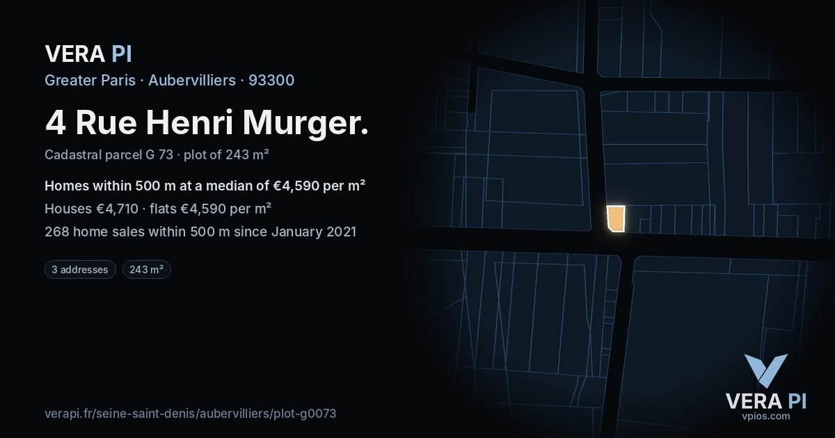 4 Rue Henri Murger, Aubervilliers at night – the plot lit, the parcels around coloured by the prices near them