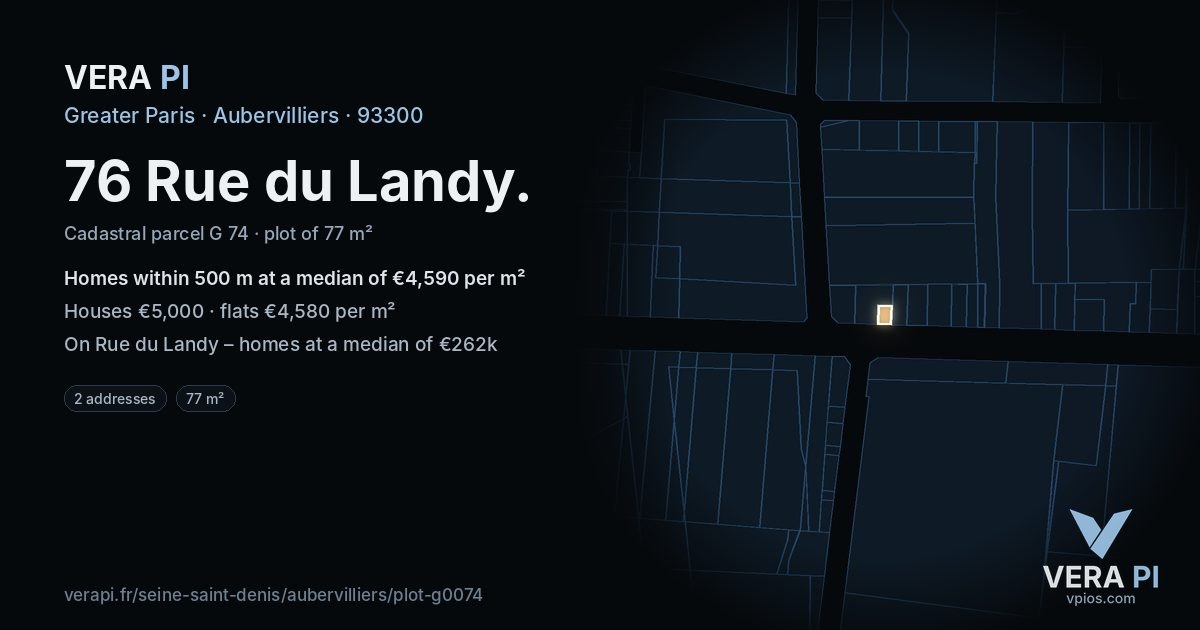 76 Rue du Landy, Aubervilliers at night – the plot lit, the parcels around coloured by the prices near them