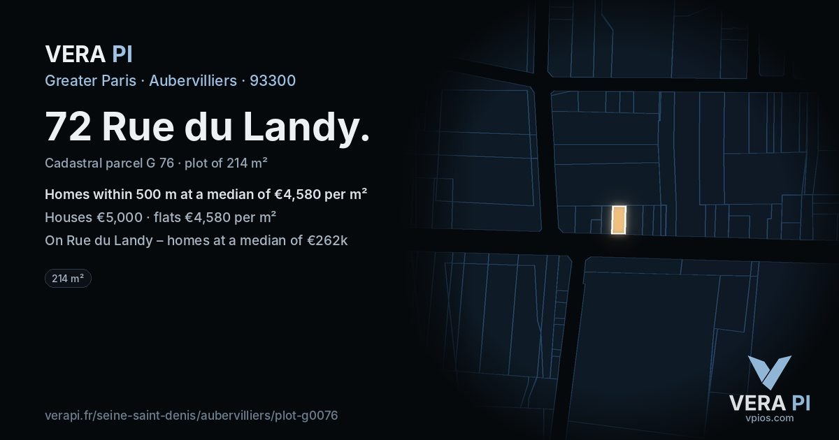 72 Rue du Landy, Aubervilliers at night – the plot lit, the parcels around coloured by the prices near them