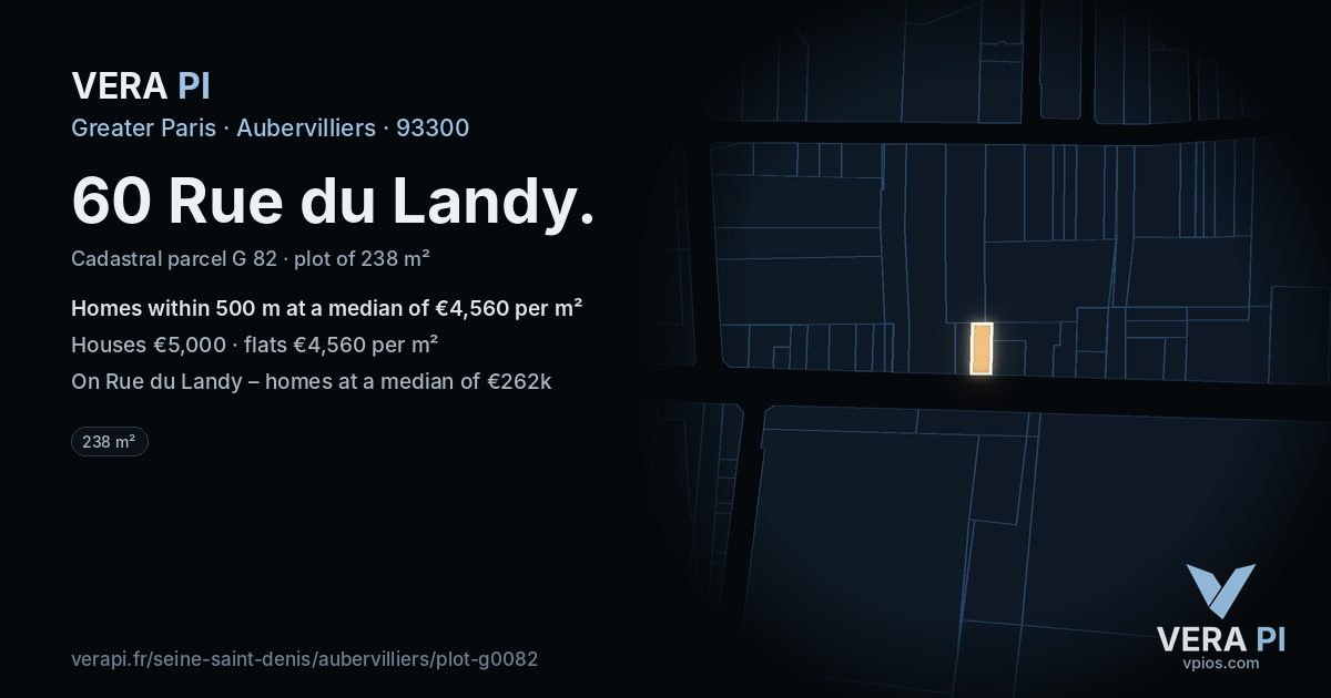 60 Rue du Landy, Aubervilliers at night – the plot lit, the parcels around coloured by the prices near them
