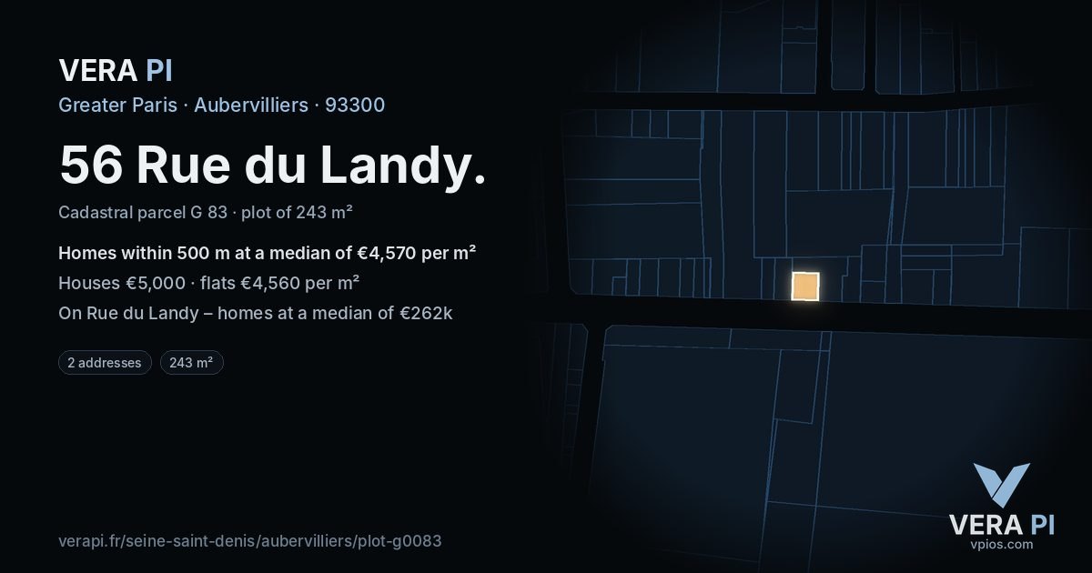 56 Rue du Landy, Aubervilliers at night – the plot lit, the parcels around coloured by the prices near them