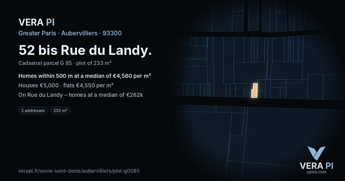 52 bis Rue du Landy, Aubervilliers at night – the plot lit, the parcels around coloured by the prices near them