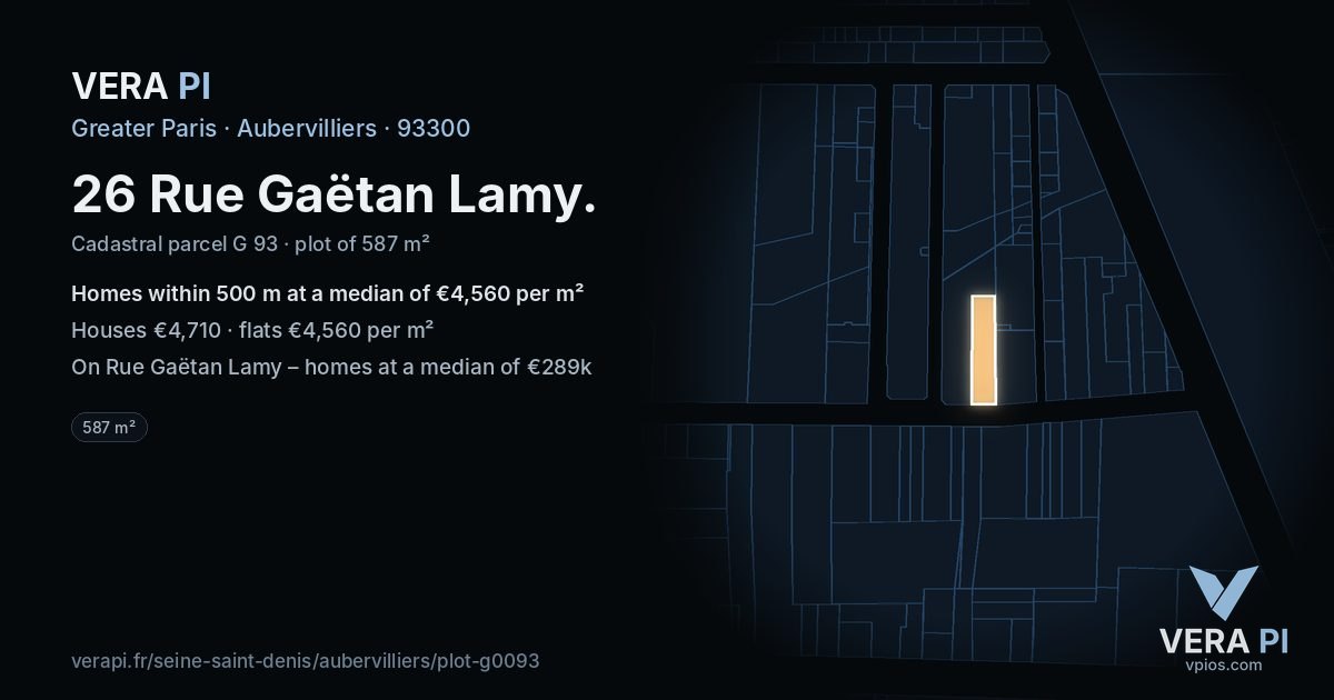 26 Rue Gaëtan Lamy, Aubervilliers at night – the plot lit, the parcels around coloured by the prices near them