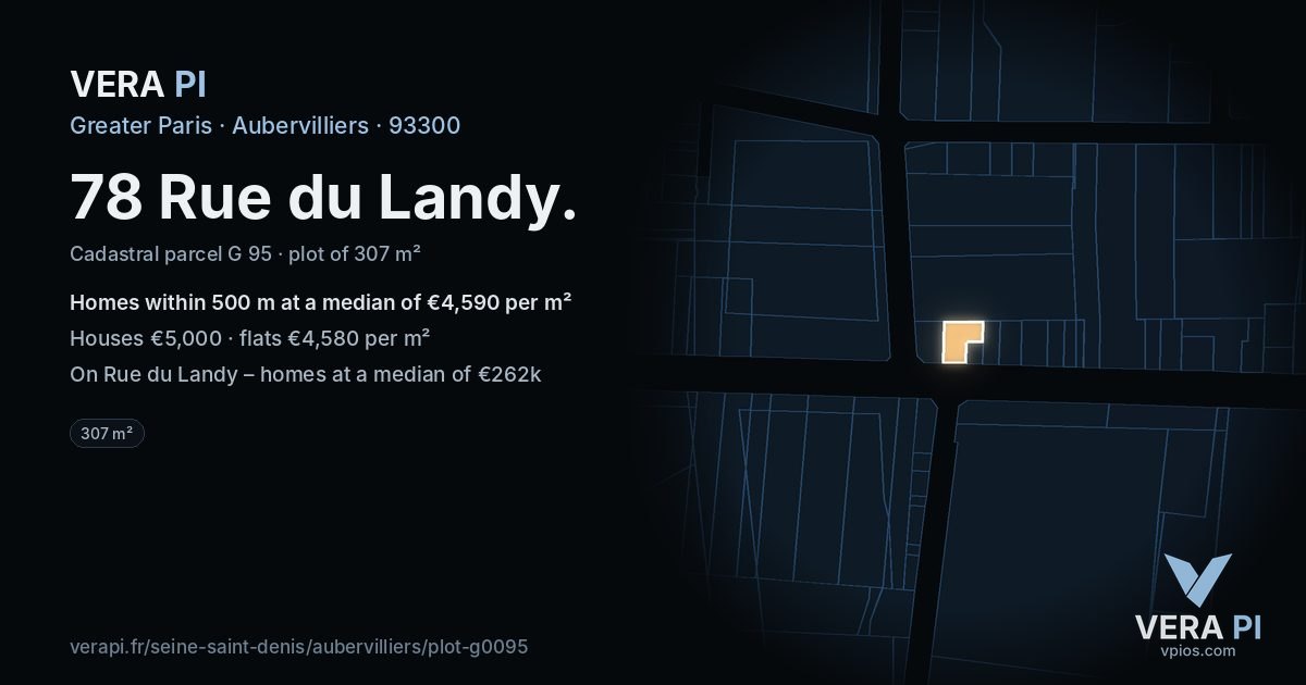 78 Rue du Landy, Aubervilliers at night – the plot lit, the parcels around coloured by the prices near them