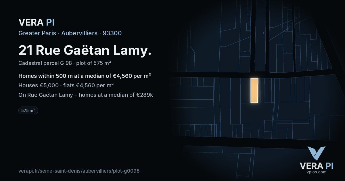 21 Rue Gaëtan Lamy, Aubervilliers at night – the plot lit, the parcels around coloured by the prices near them