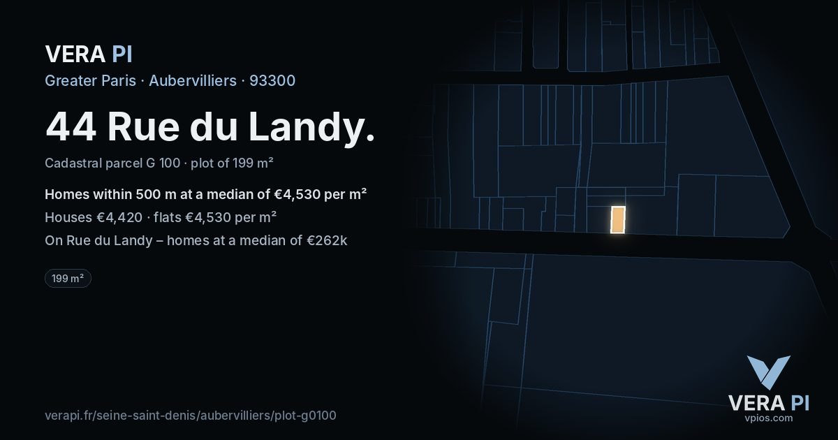 44 Rue du Landy, Aubervilliers at night – the plot lit, the parcels around coloured by the prices near them