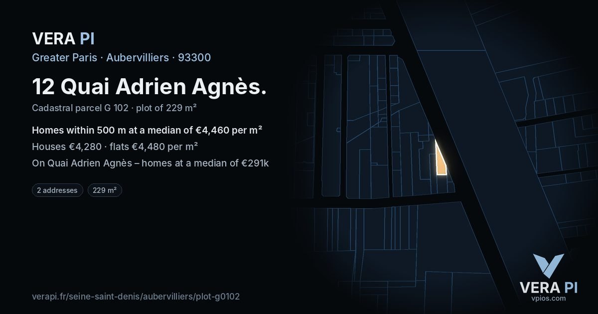 12 Quai Adrien Agnès, Aubervilliers at night – the plot lit, the parcels around coloured by the prices near them