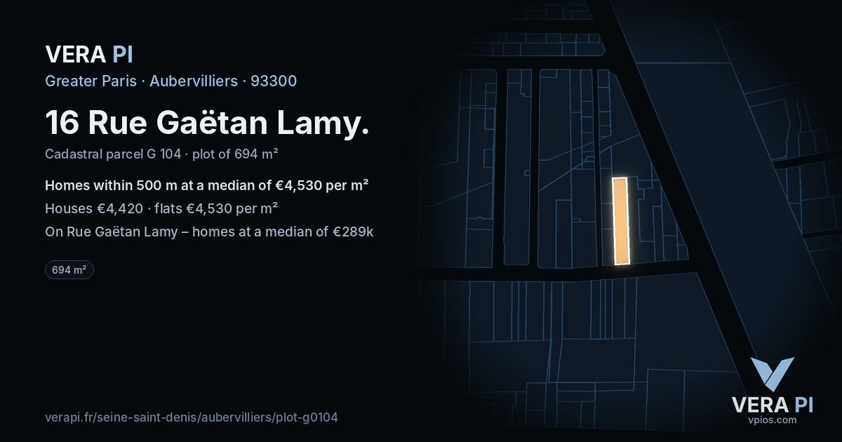 16 Rue Gaëtan Lamy, Aubervilliers at night – the plot lit, the parcels around coloured by the prices near them