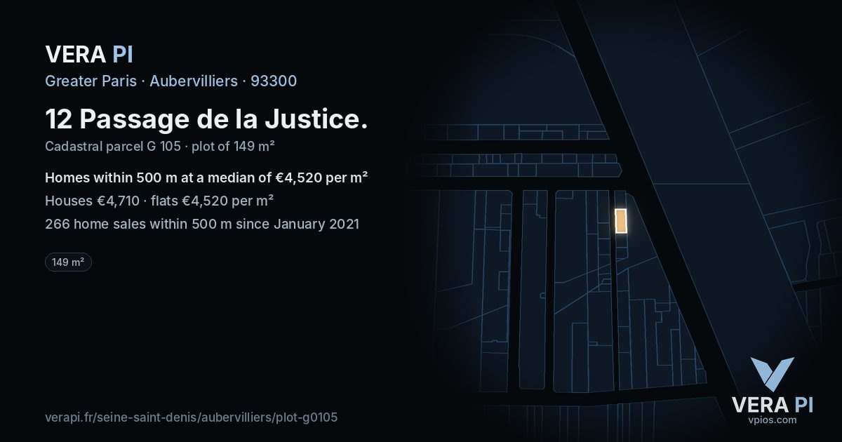 12 Passage de la Justice, Aubervilliers at night – the plot lit, the parcels around coloured by the prices near them
