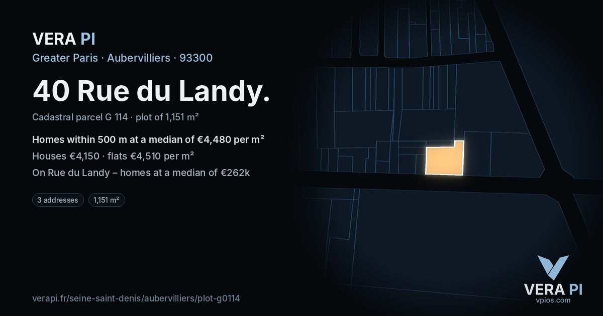 40 Rue du Landy, Aubervilliers at night – the plot lit, the parcels around coloured by the prices near them