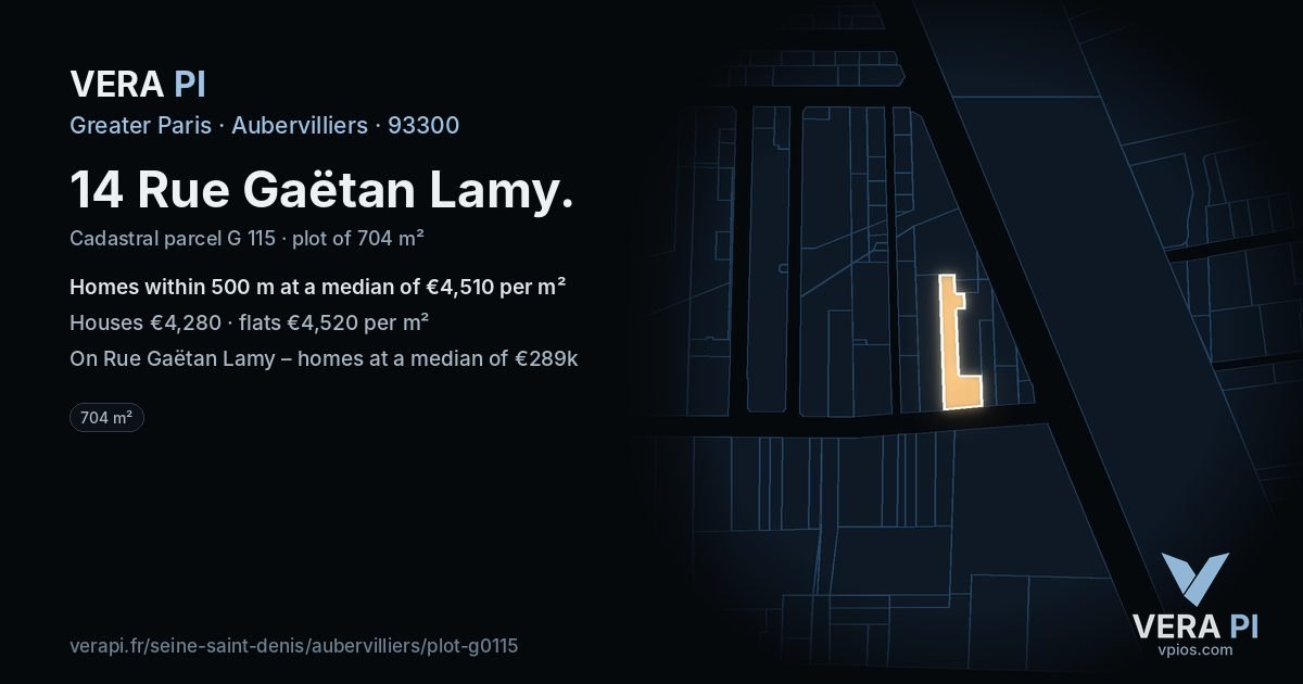 14 Rue Gaëtan Lamy, Aubervilliers at night – the plot lit, the parcels around coloured by the prices near them