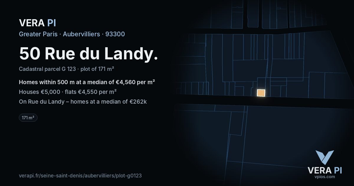 50 Rue du Landy, Aubervilliers at night – the plot lit, the parcels around coloured by the prices near them