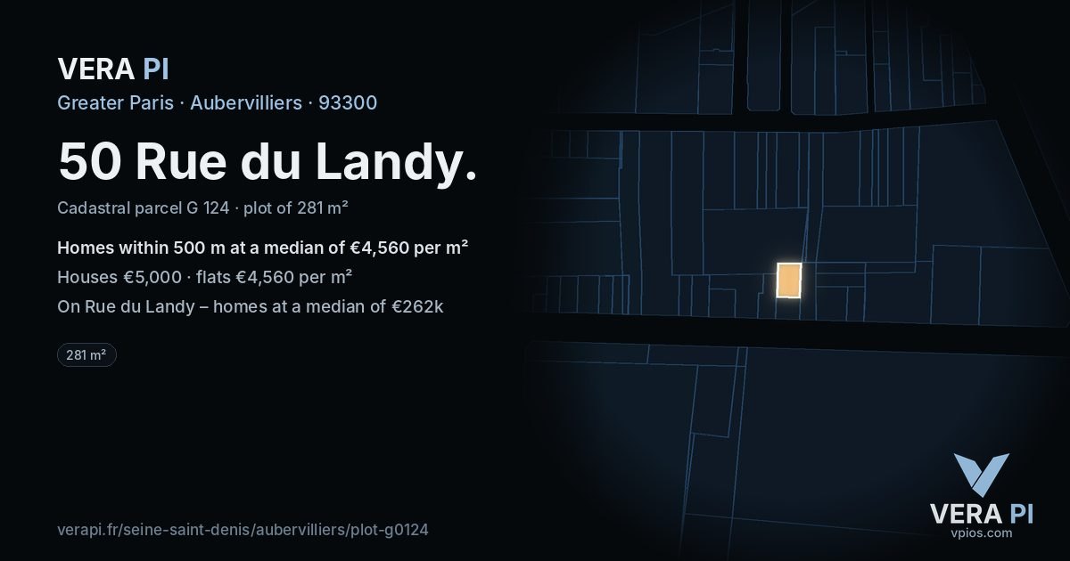 50 Rue du Landy, Aubervilliers at night – the plot lit, the parcels around coloured by the prices near them