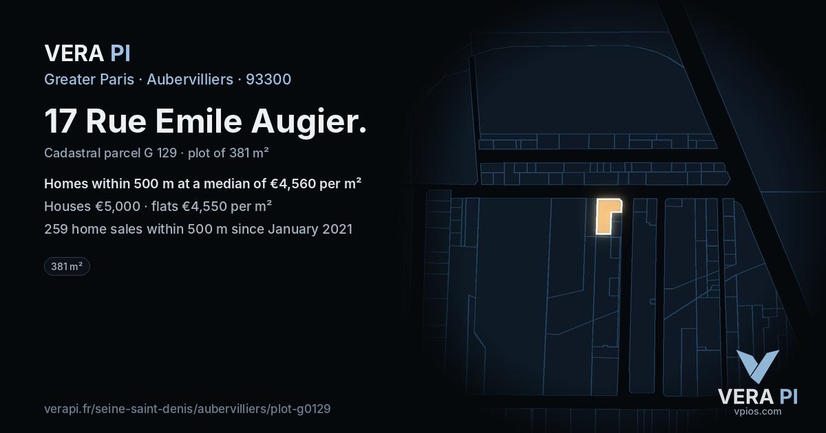 17 Rue Emile Augier, Aubervilliers at night – the plot lit, the parcels around coloured by the prices near them