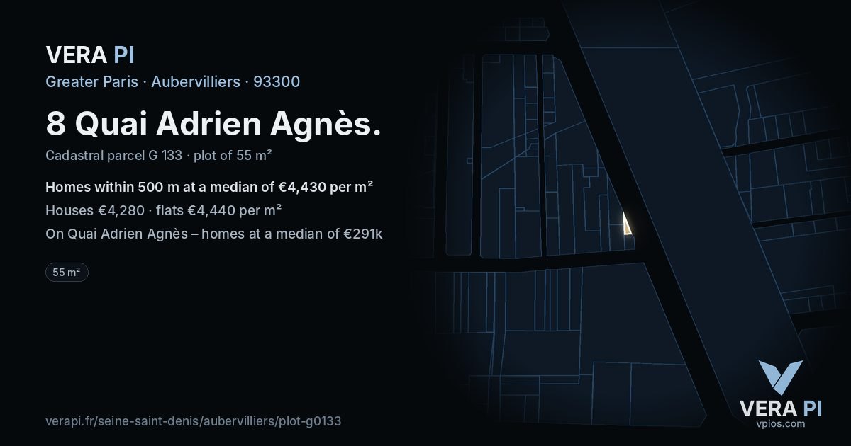 8 Quai Adrien Agnès, Aubervilliers at night – the plot lit, the parcels around coloured by the prices near them