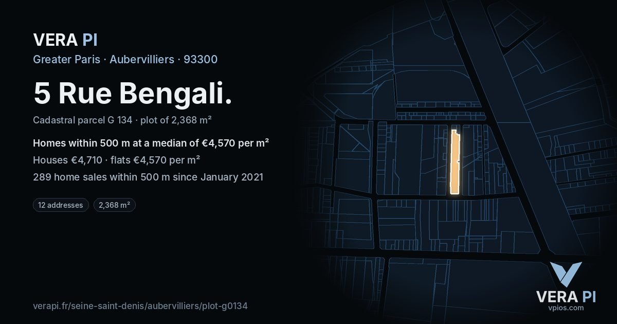 5 Rue Bengali, Aubervilliers at night – the plot lit, the parcels around coloured by the prices near them