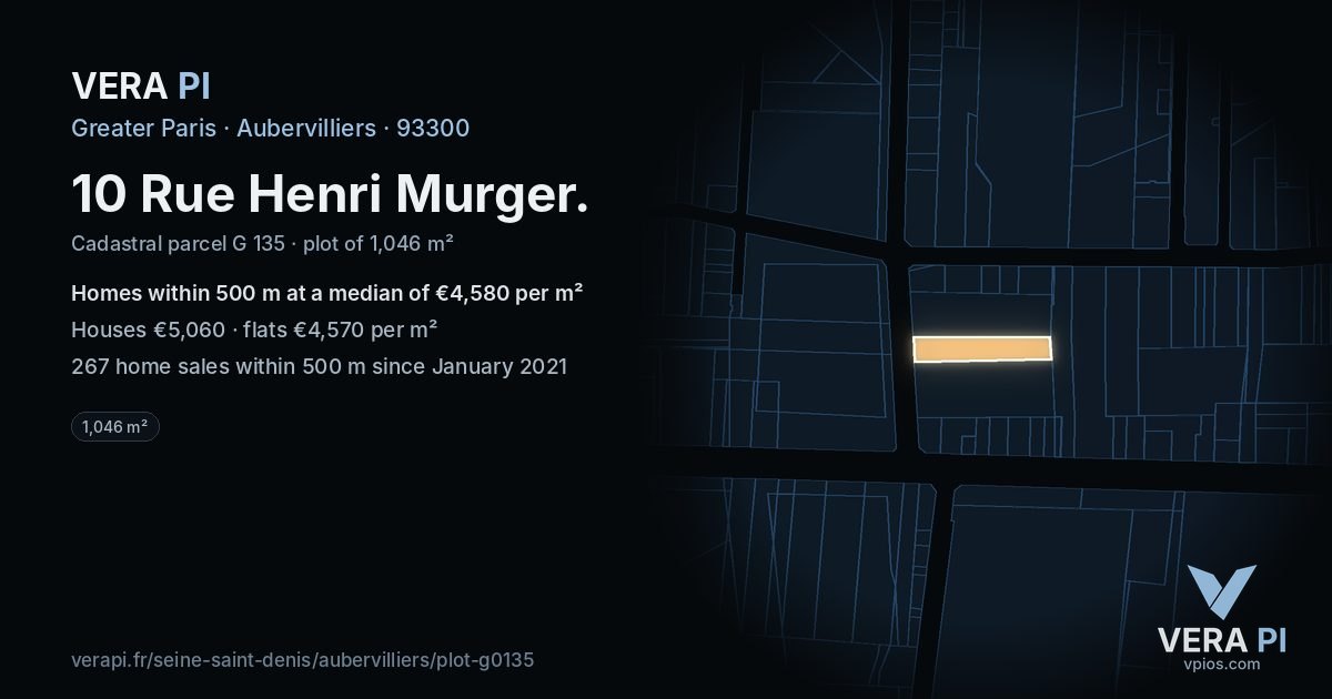 10 Rue Henri Murger, Aubervilliers at night – the plot lit, the parcels around coloured by the prices near them