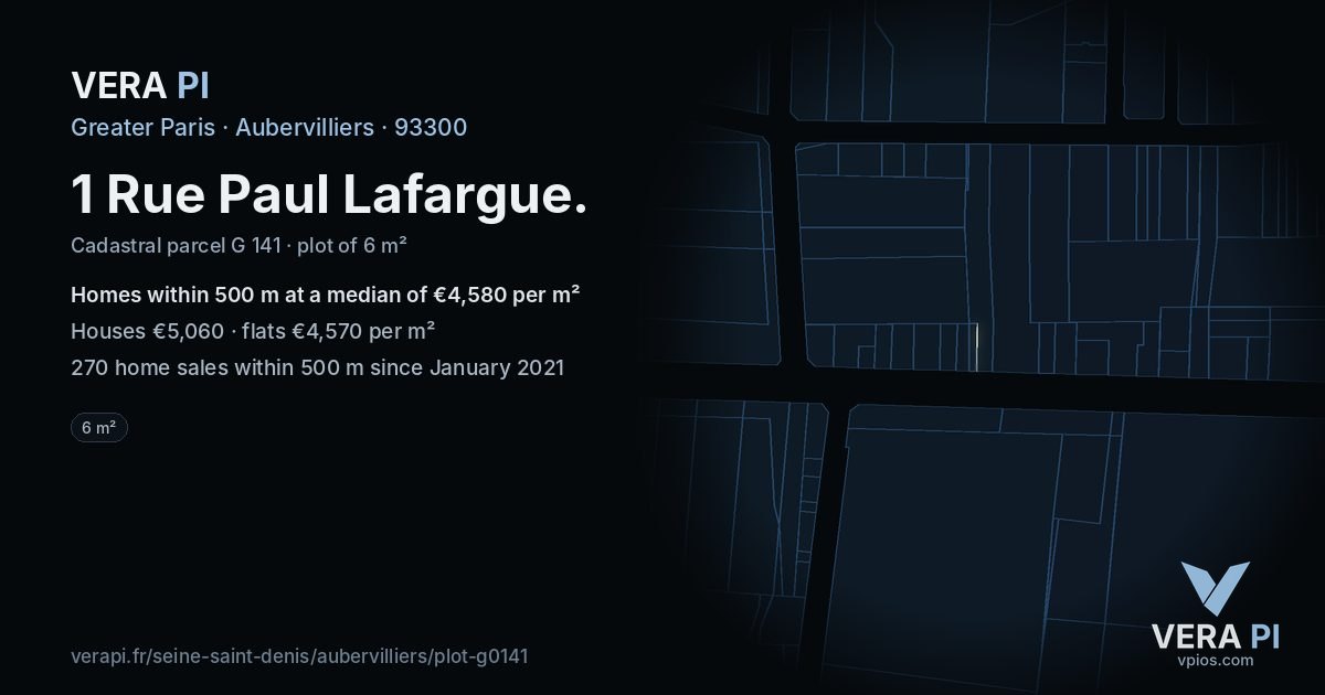 1 Rue Paul Lafargue, Aubervilliers at night – the plot lit, the parcels around coloured by the prices near them