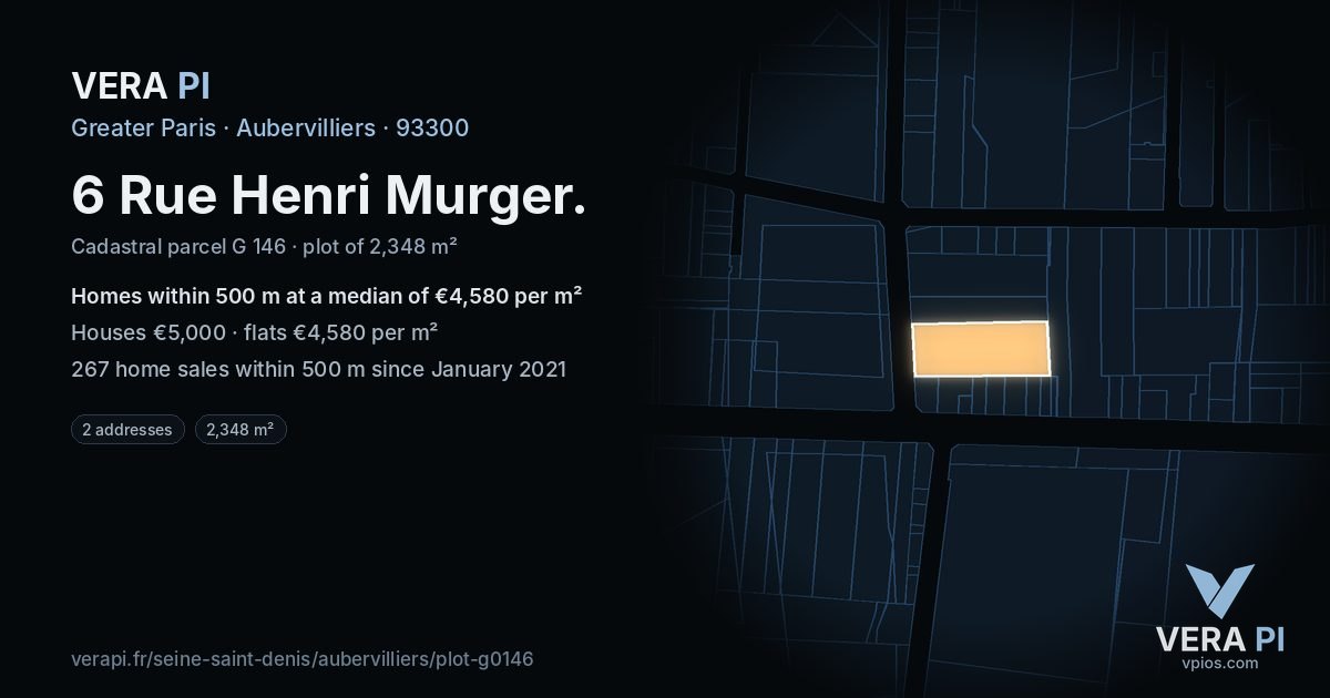 6 Rue Henri Murger, Aubervilliers at night – the plot lit, the parcels around coloured by the prices near them