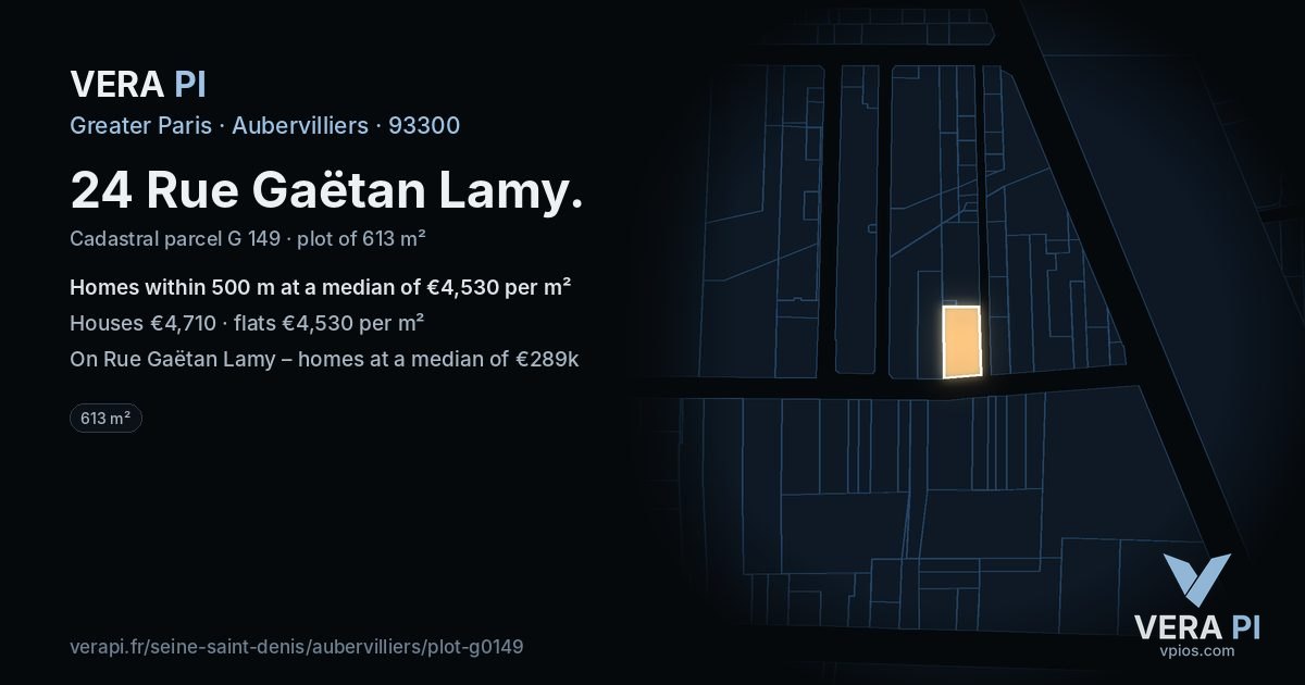 24 Rue Gaëtan Lamy, Aubervilliers at night – the plot lit, the parcels around coloured by the prices near them