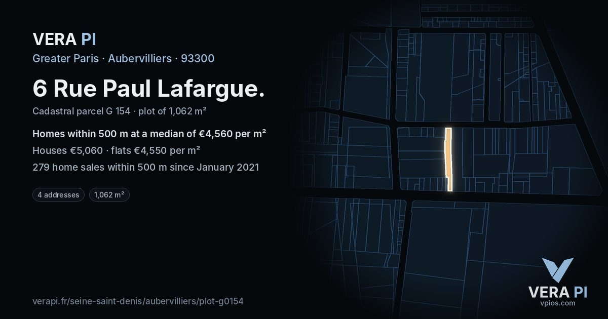 6 Rue Paul Lafargue, Aubervilliers at night – the plot lit, the parcels around coloured by the prices near them
