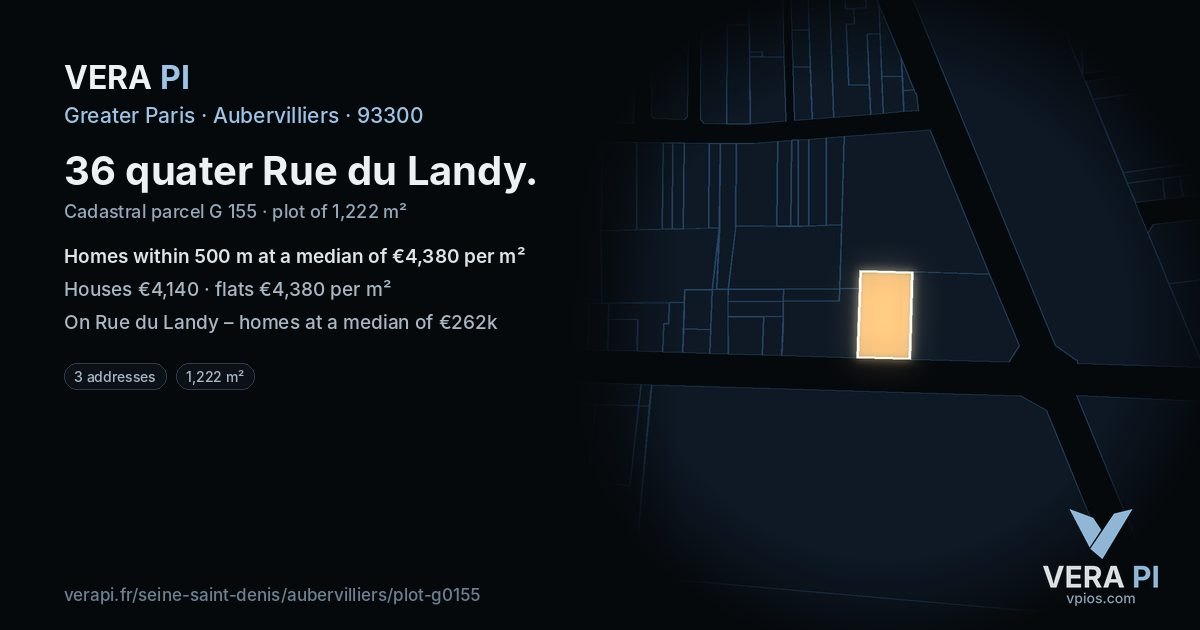 36 quater Rue du Landy, Aubervilliers at night – the plot lit, the parcels around coloured by the prices near them