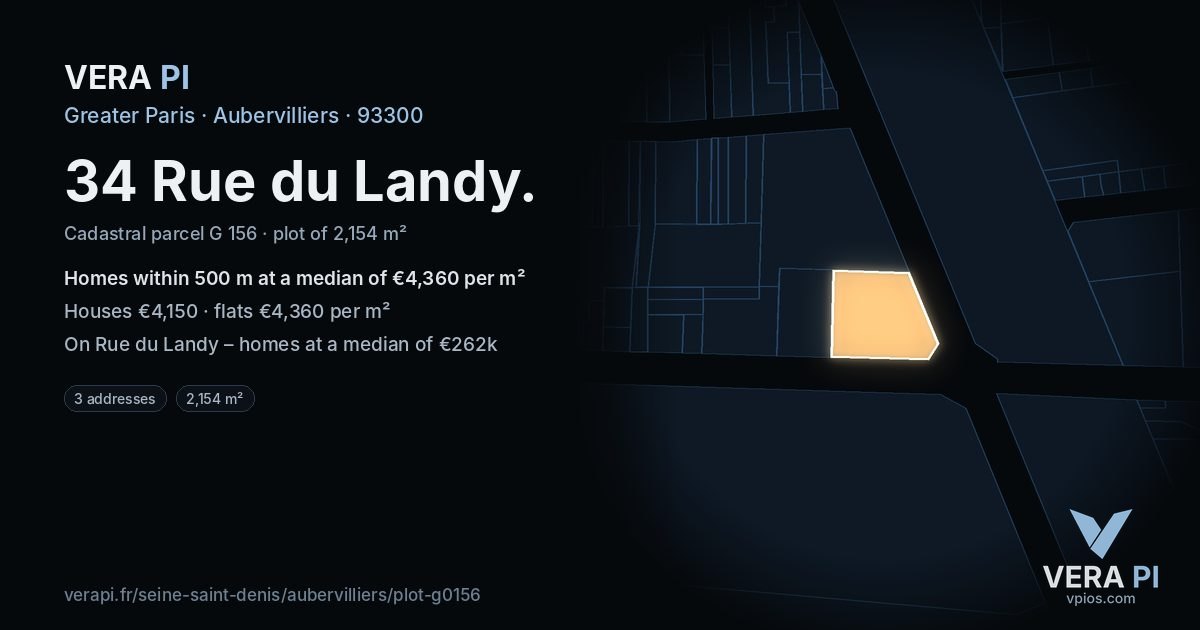 34 Rue du Landy, Aubervilliers at night – the plot lit, the parcels around coloured by the prices near them