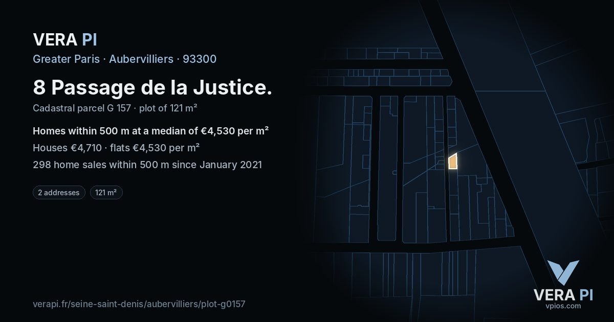 8 Passage de la Justice, Aubervilliers at night – the plot lit, the parcels around coloured by the prices near them