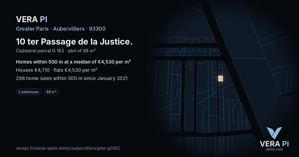 10 ter Passage de la Justice, Aubervilliers at night – the plot lit, the parcels around coloured by the prices near them