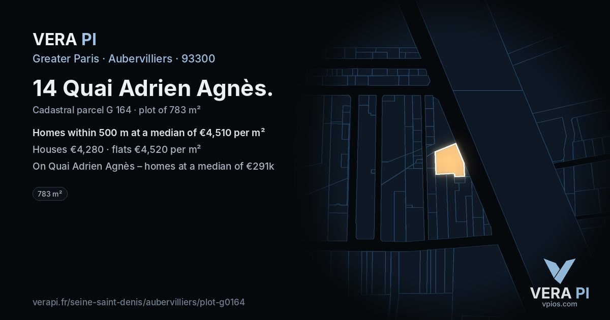 14 Quai Adrien Agnès, Aubervilliers at night – the plot lit, the parcels around coloured by the prices near them