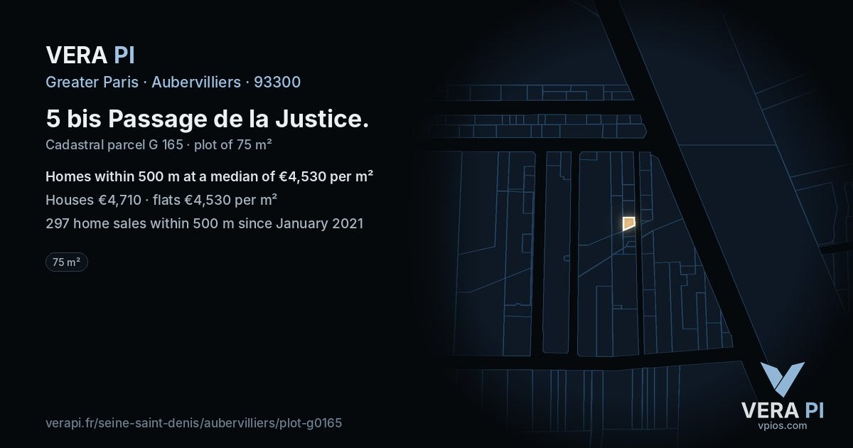5 bis Passage de la Justice, Aubervilliers at night – the plot lit, the parcels around coloured by the prices near them