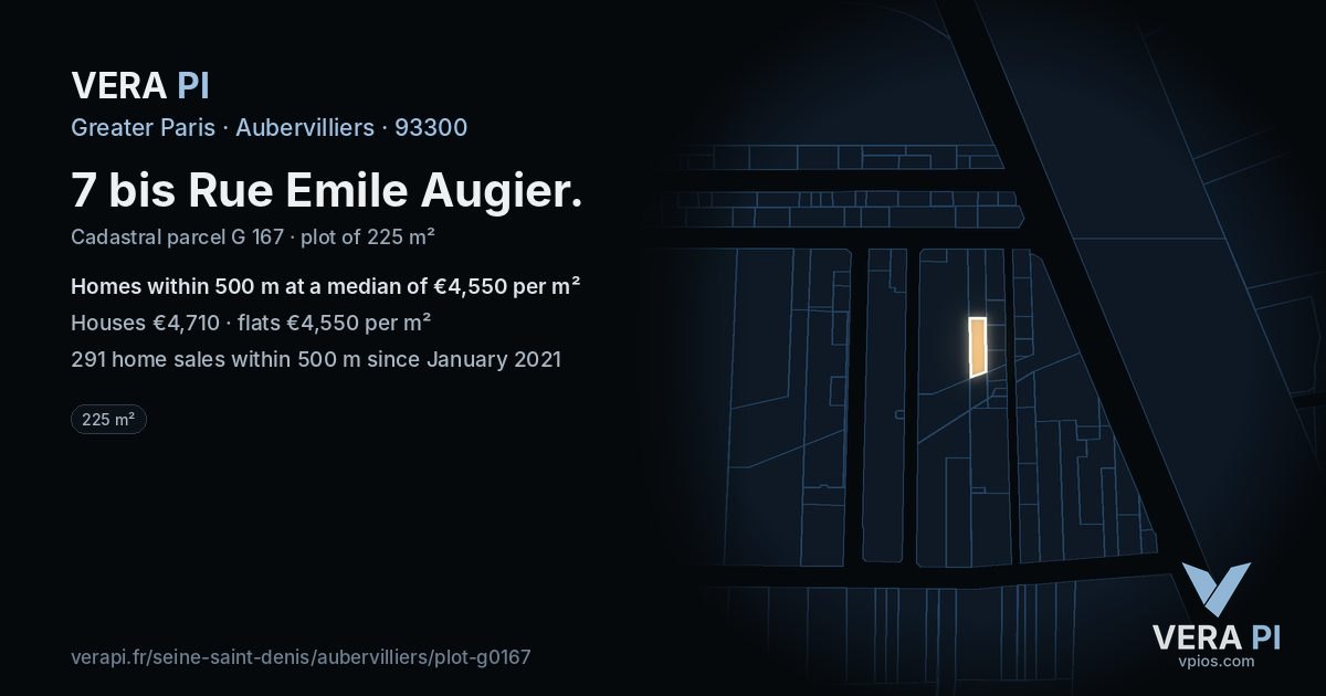 7 bis Rue Emile Augier, Aubervilliers at night – the plot lit, the parcels around coloured by the prices near them