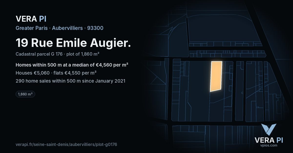 19 Rue Emile Augier, Aubervilliers at night – the plot lit, the parcels around coloured by the prices near them