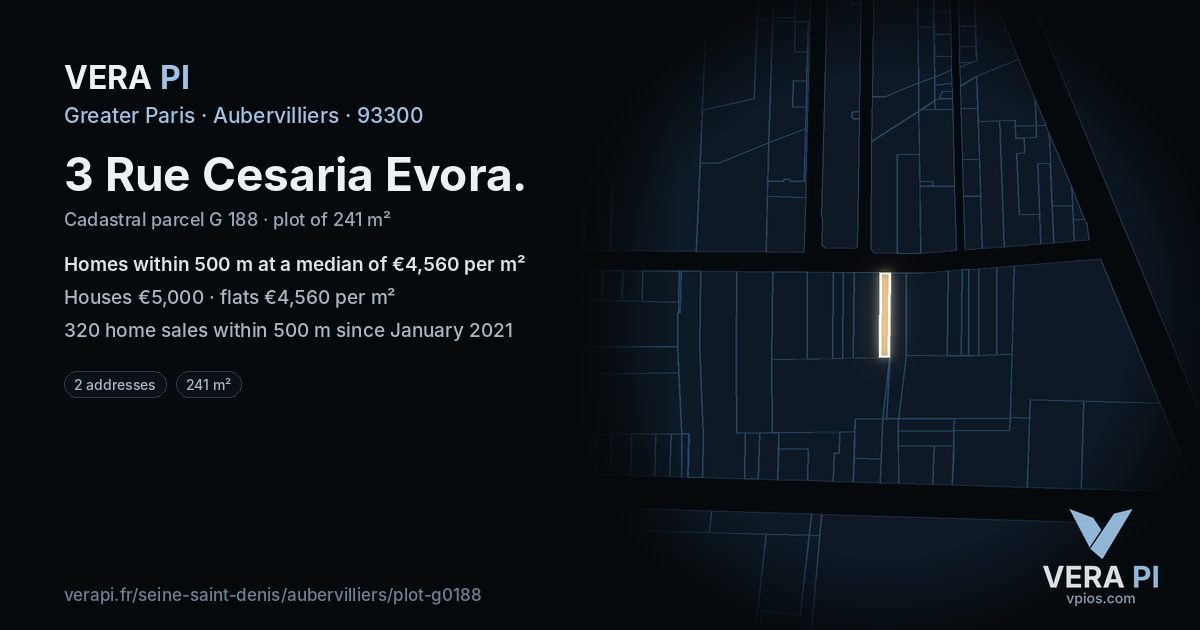 3 Rue Cesaria Evora, Aubervilliers at night – the plot lit, the parcels around coloured by the prices near them