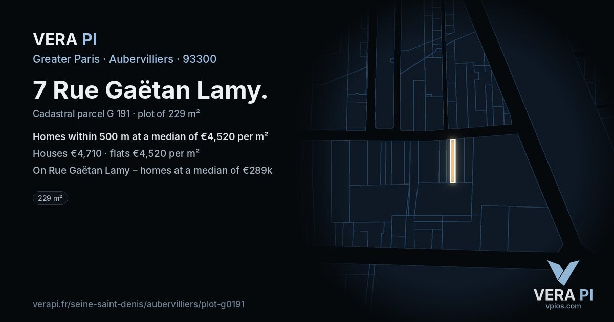 7 Rue Gaëtan Lamy, Aubervilliers at night – the plot lit, the parcels around coloured by the prices near them