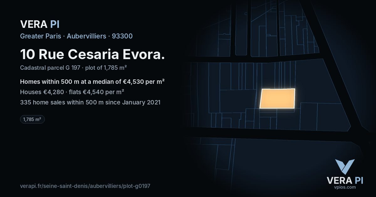 10 Rue Cesaria Evora, Aubervilliers at night – the plot lit, the parcels around coloured by the prices near them