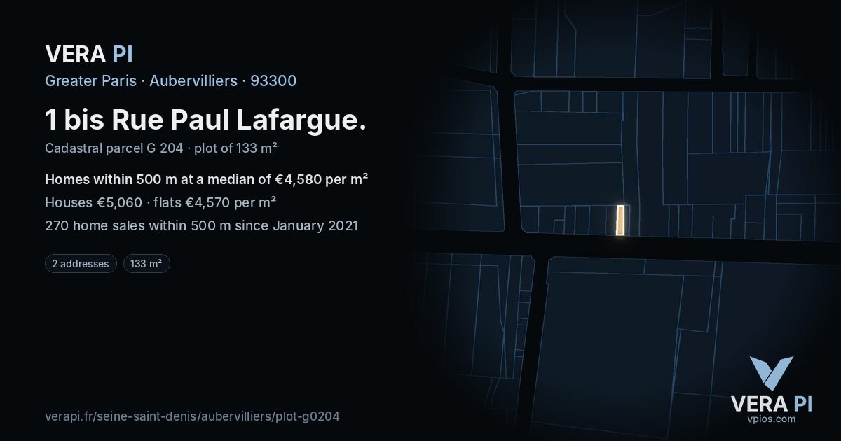 1 bis Rue Paul Lafargue, Aubervilliers at night – the plot lit, the parcels around coloured by the prices near them