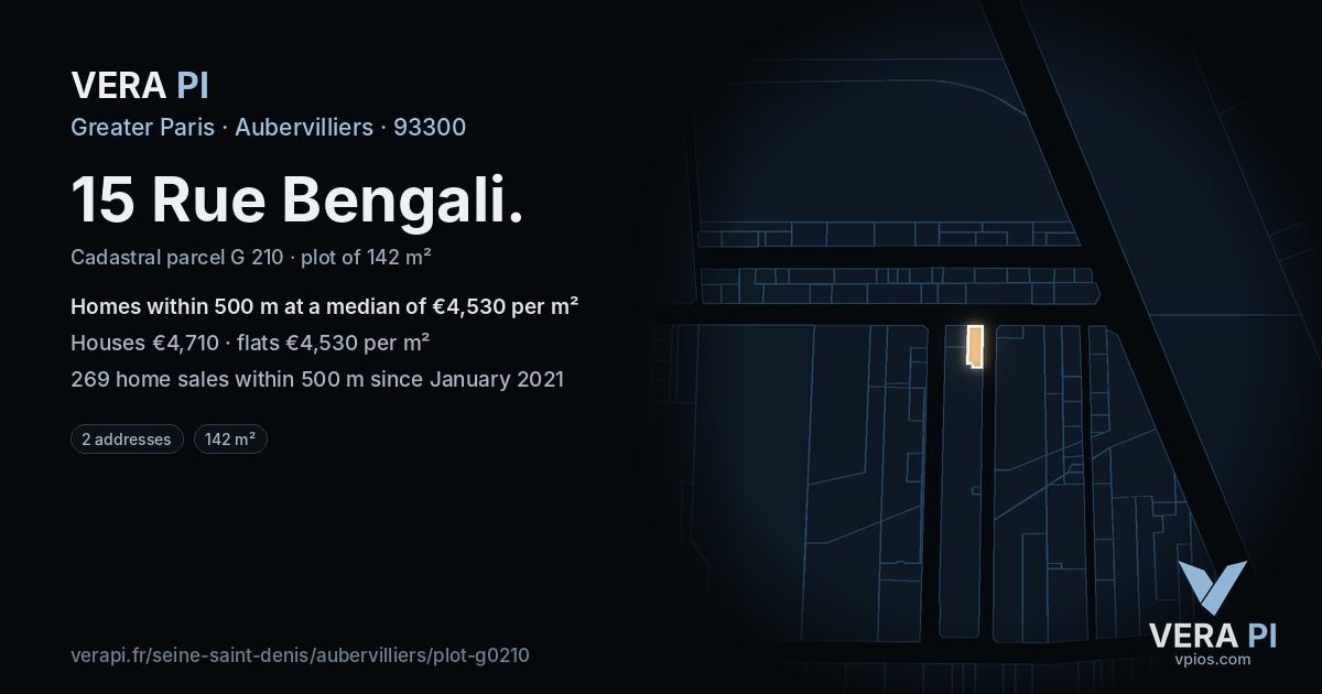 15 Rue Bengali, Aubervilliers at night – the plot lit, the parcels around coloured by the prices near them