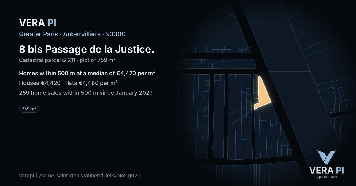 8 bis Passage de la Justice, Aubervilliers at night – the plot lit, the parcels around coloured by the prices near them