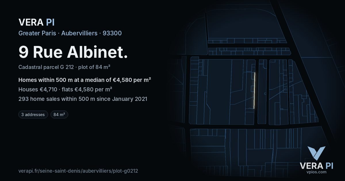 9 Rue Albinet, Aubervilliers at night – the plot lit, the parcels around coloured by the prices near them